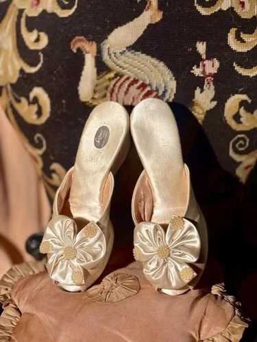 1940s/50s Ivory Satin Pearl Peep-Toe Bridal Boudoir Slippers, Size 5-5.5 Narrow