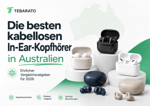 Mehrere kabellose In-Ear-Kopfhörer mit Ladecases vor einer Australienkarte und dem deutschen Titel des Vergleichsratgebers für 2026.