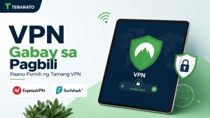Tablet na may kalasag at kandado, kasama ang mga logo ng ExpressVPN at Surfshark, para sa gabay sa pagpili ng VPN.